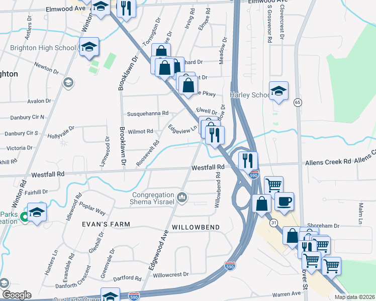 map of restaurants, bars, coffee shops, grocery stores, and more near 45 Stonybrook Drive in Rochester