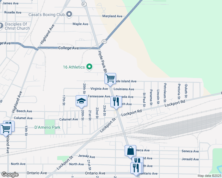 map of restaurants, bars, coffee shops, grocery stores, and more near 3265 Hyde Park Boulevard in Niagara Falls