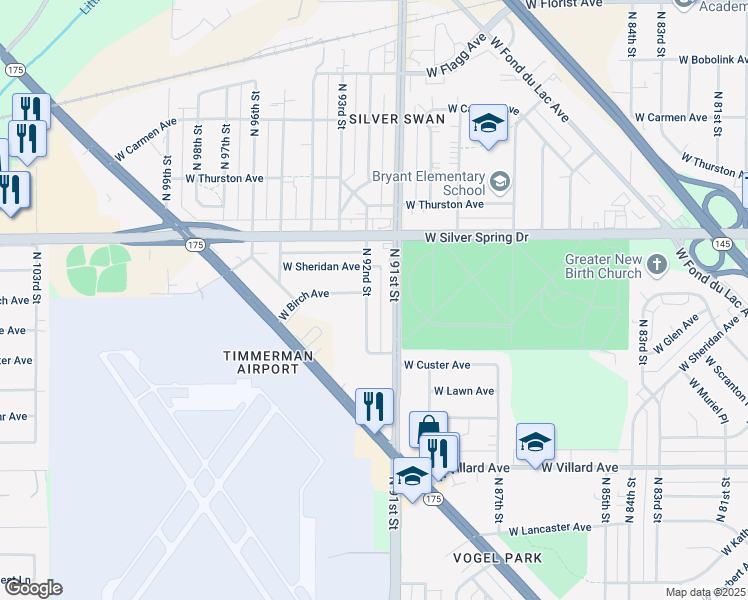 map of restaurants, bars, coffee shops, grocery stores, and more near 9205 West Birch Avenue in Milwaukee