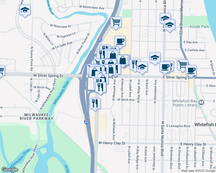 map of restaurants, bars, coffee shops, grocery stores, and more near 5554 North Iroquois Avenue in Glendale