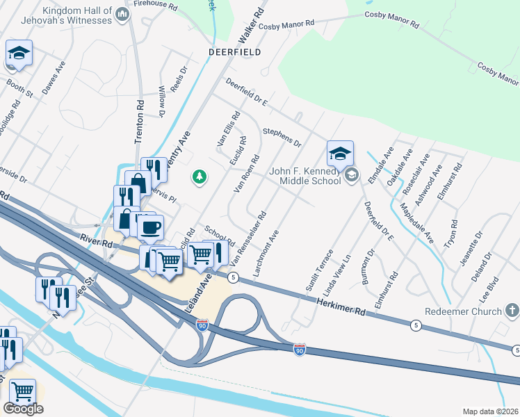 map of restaurants, bars, coffee shops, grocery stores, and more near 437 Van Rensselaer Rd in Utica