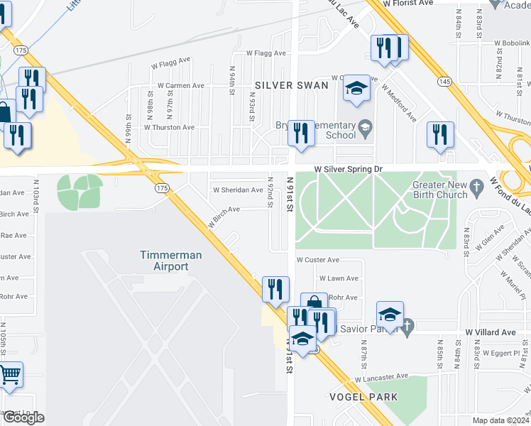 map of restaurants, bars, coffee shops, grocery stores, and more near 9205 West Birch Avenue in Milwaukee
