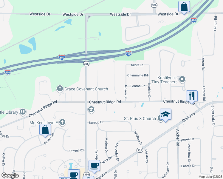 map of restaurants, bars, coffee shops, grocery stores, and more near 9 Yolanda Drive in Rochester
