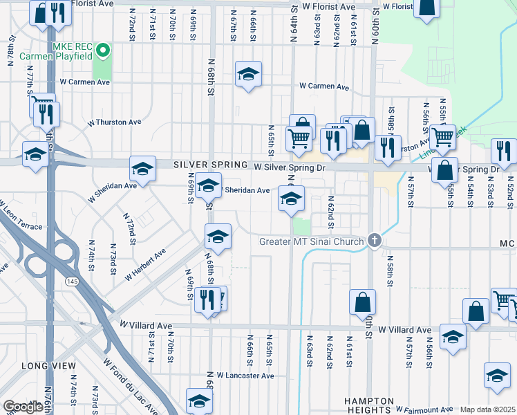 map of restaurants, bars, coffee shops, grocery stores, and more near 6500 West Birch Avenue in Milwaukee