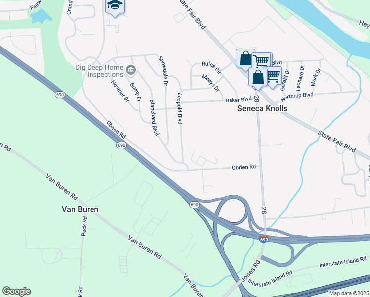 map of restaurants, bars, coffee shops, grocery stores, and more near 225 Leopold Boulevard in Syracuse
