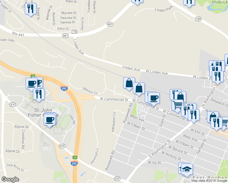 map of restaurants, bars, coffee shops, grocery stores, and more near Country Club Road & Edyth Street in East Rochester