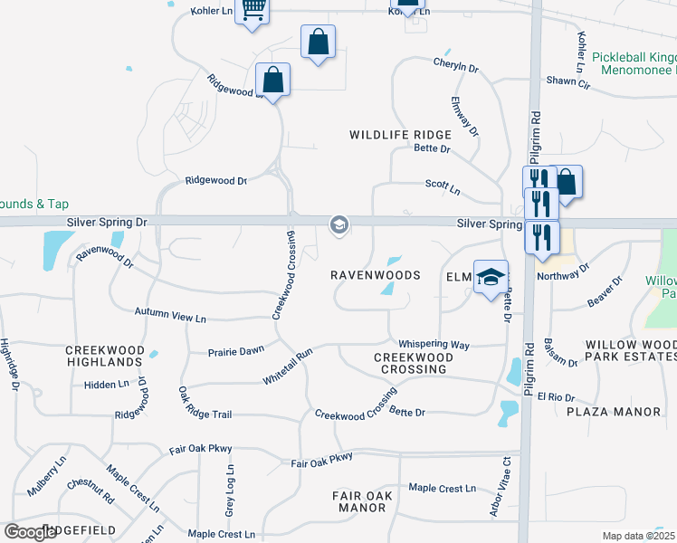 map of restaurants, bars, coffee shops, grocery stores, and more near W163N5495 Westwind Drive in Menomonee Falls