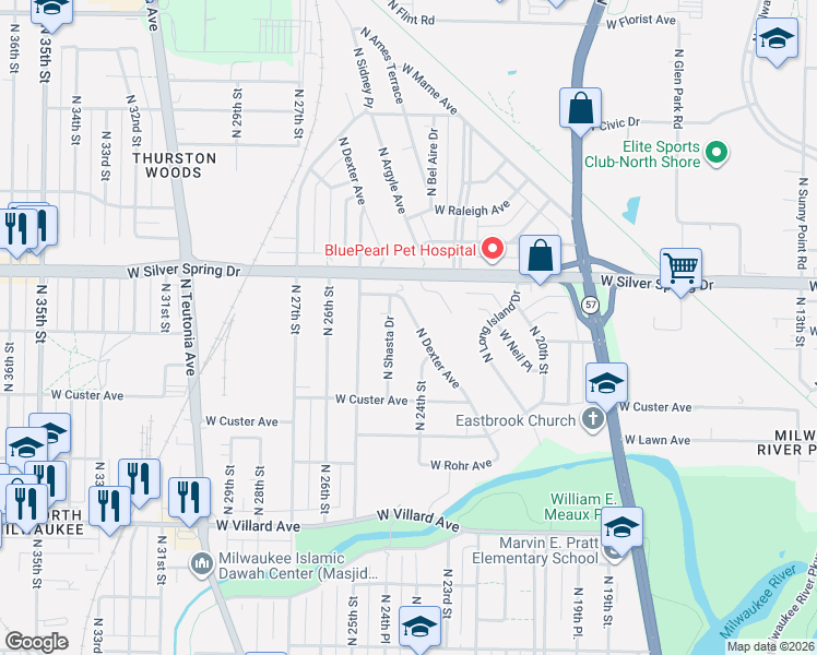 map of restaurants, bars, coffee shops, grocery stores, and more near 5515 North Dexter Avenue in Glendale
