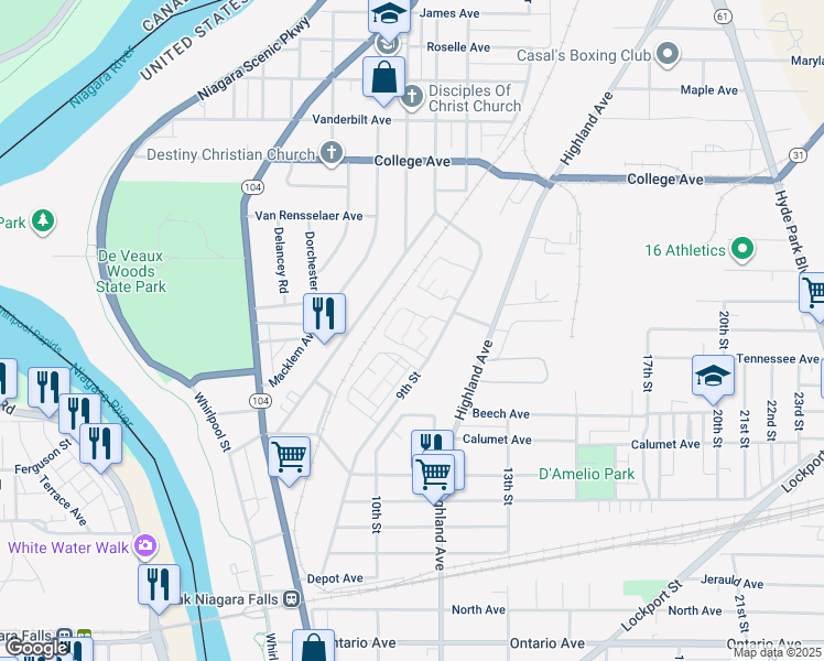 map of restaurants, bars, coffee shops, grocery stores, and more near 3100 9th Street in Niagara Falls