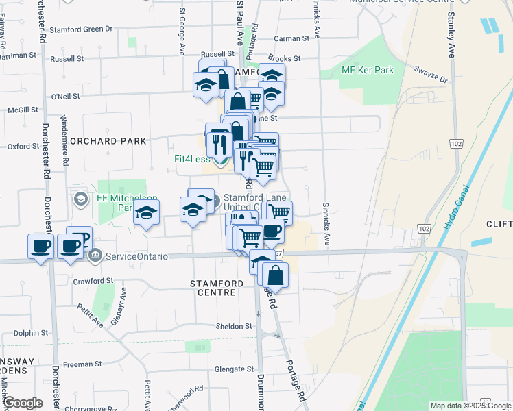 map of restaurants, bars, coffee shops, grocery stores, and more near 6249 Saint John Street in Niagara Falls