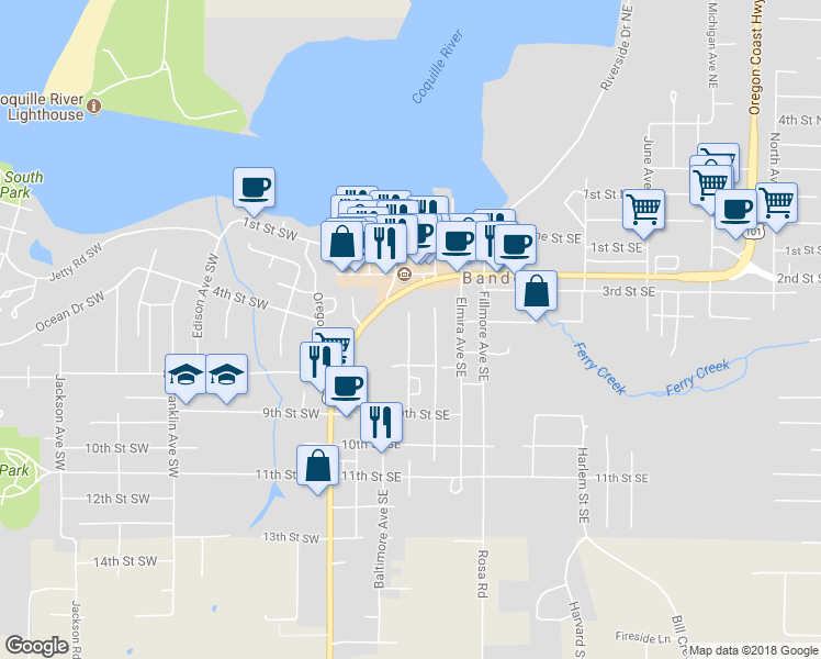 map of restaurants, bars, coffee shops, grocery stores, and more near 395 Chicago Avenue Southeast in Bandon