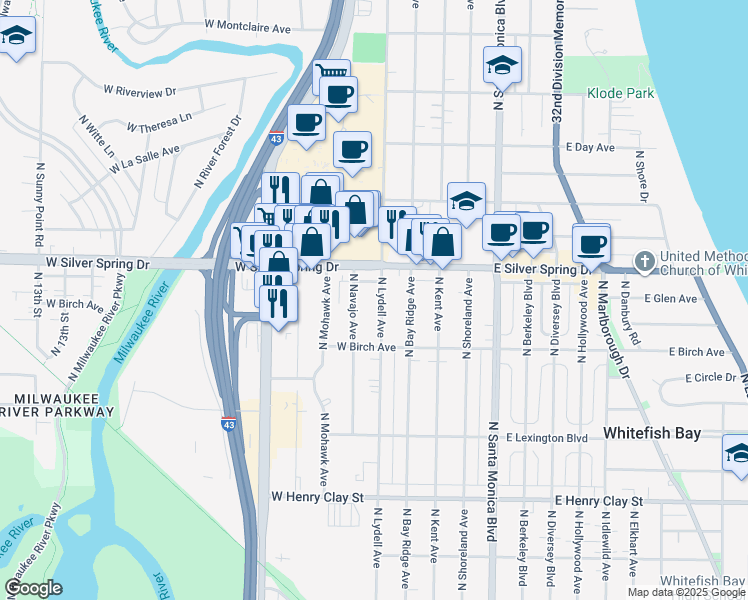 map of restaurants, bars, coffee shops, grocery stores, and more near 5557 North Lydell Avenue in Milwaukee