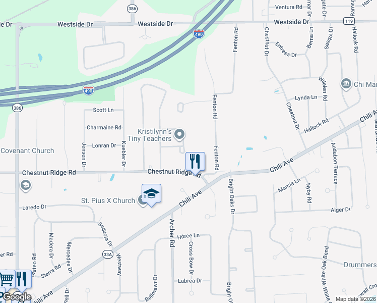 map of restaurants, bars, coffee shops, grocery stores, and more near 18 White Birch Circle in Rochester