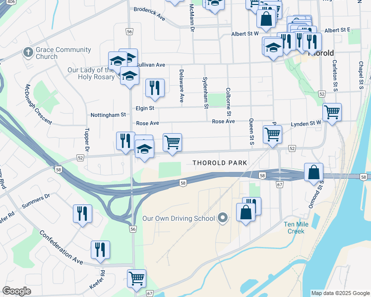 map of restaurants, bars, coffee shops, grocery stores, and more near in Thorold