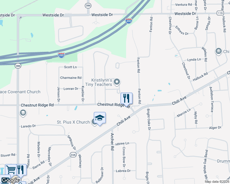 map of restaurants, bars, coffee shops, grocery stores, and more near 18 White Birch Circle in Rochester