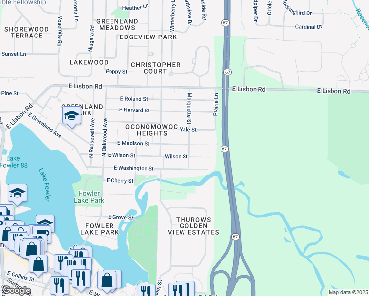 map of restaurants, bars, coffee shops, grocery stores, and more near N53W37135 East Madison Street in Oconomowoc