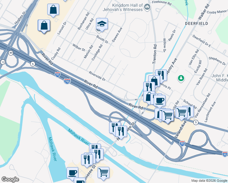 map of restaurants, bars, coffee shops, grocery stores, and more near 107 Wells Place in Utica