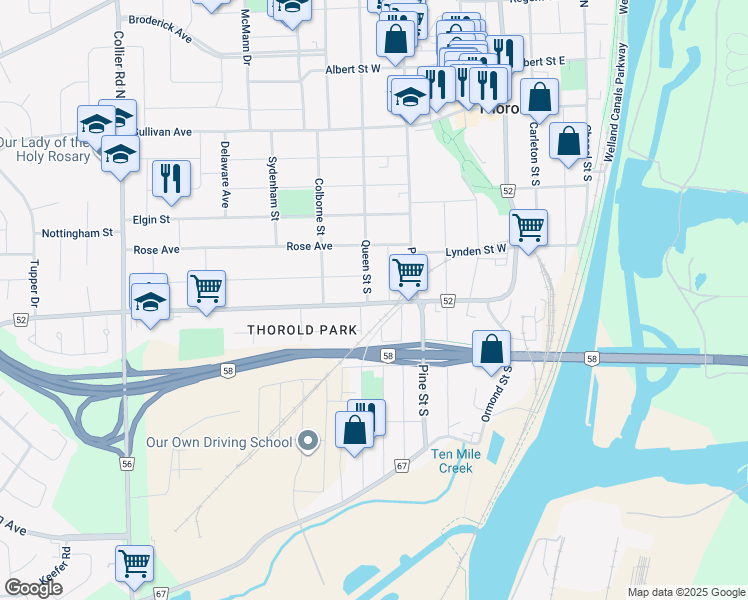 map of restaurants, bars, coffee shops, grocery stores, and more near 116 Queen Street South in Thorold