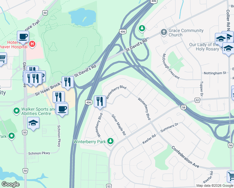 map of restaurants, bars, coffee shops, grocery stores, and more near 22 Elderberry Road in Thorold