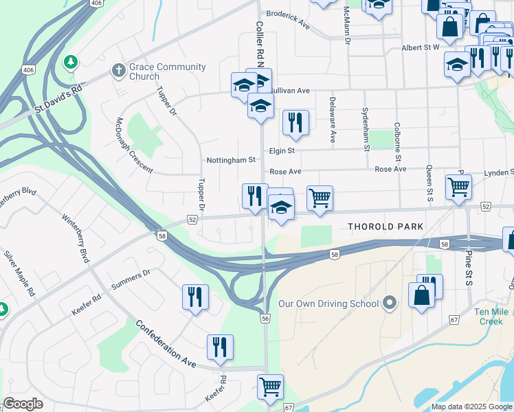 map of restaurants, bars, coffee shops, grocery stores, and more near 129 Collier Road South in Thorold