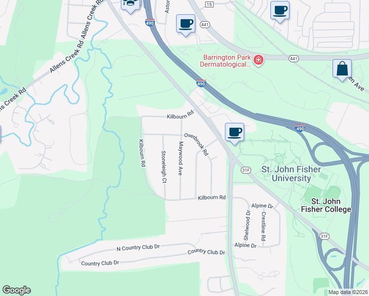 map of restaurants, bars, coffee shops, grocery stores, and more near 76 Maywood Avenue in Rochester