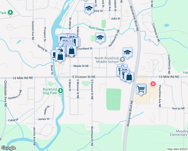 map of restaurants, bars, coffee shops, grocery stores, and more near 78 South Fremont Street Northeast in Rockford