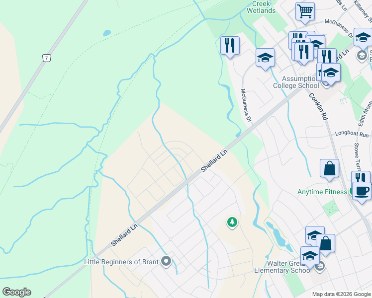 map of restaurants, bars, coffee shops, grocery stores, and more near 437 Shellard Lane in Brantford
