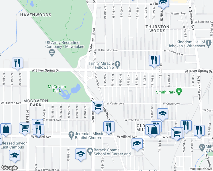 map of restaurants, bars, coffee shops, grocery stores, and more near 5500 North 42nd Street in Milwaukee