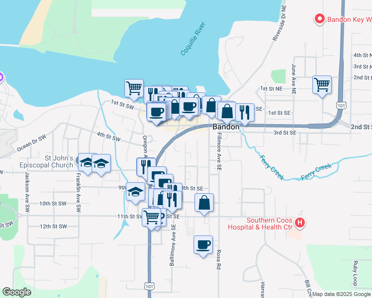 map of restaurants, bars, coffee shops, grocery stores, and more near 395 Chicago Avenue Southeast in Bandon