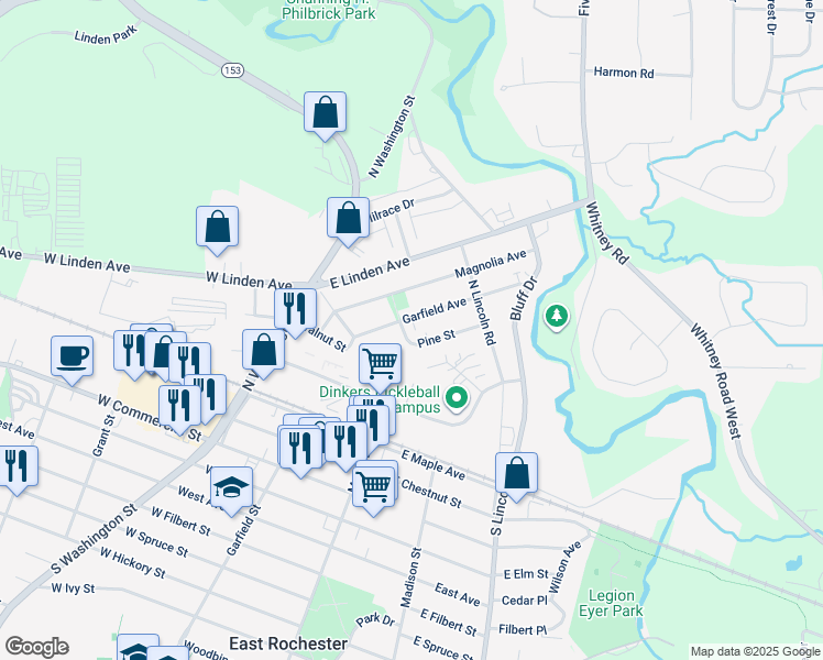 map of restaurants, bars, coffee shops, grocery stores, and more near 97 Pine Street in East Rochester