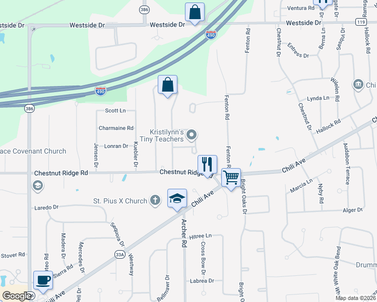map of restaurants, bars, coffee shops, grocery stores, and more near 18 White Birch Circle in Rochester