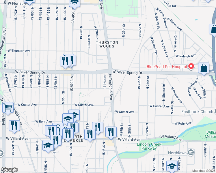 map of restaurants, bars, coffee shops, grocery stores, and more near 3008 West Sheridan Avenue in Milwaukee