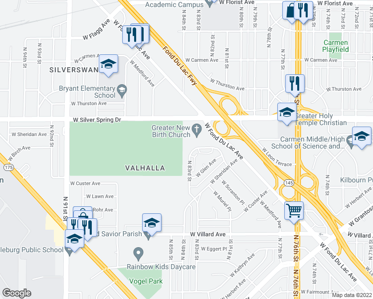 map of restaurants, bars, coffee shops, grocery stores, and more near 5473 North 83rd Street in Milwaukee