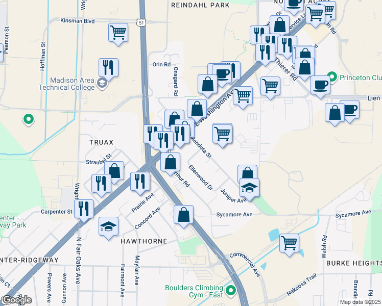 map of restaurants, bars, coffee shops, grocery stores, and more near 3817 Hoover Drive in Madison