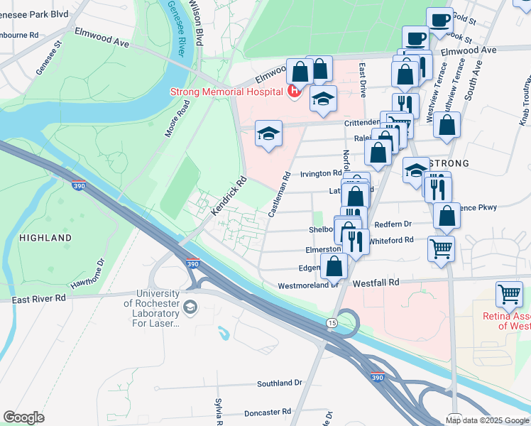 map of restaurants, bars, coffee shops, grocery stores, and more near 101 University Park in Rochester