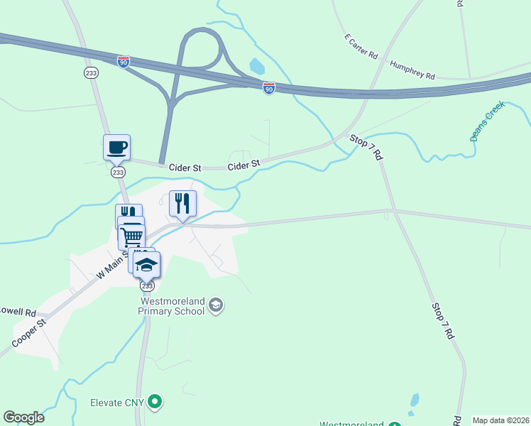 map of restaurants, bars, coffee shops, grocery stores, and more near 7421 E Main St in Westmoreland