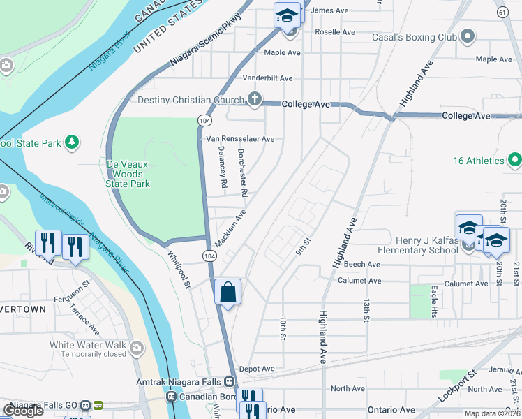 map of restaurants, bars, coffee shops, grocery stores, and more near 2926 McKoon Avenue in Niagara Falls
