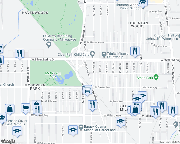 map of restaurants, bars, coffee shops, grocery stores, and more near 5485 North Hopkins Street in Milwaukee