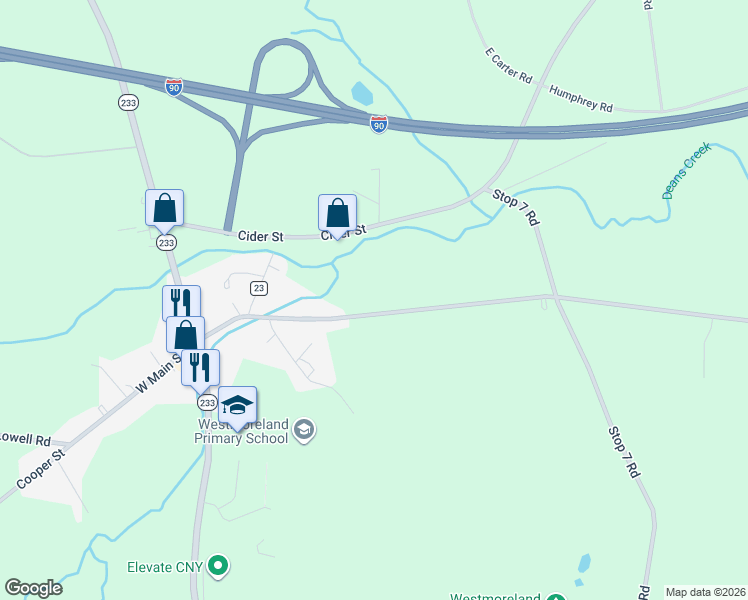 map of restaurants, bars, coffee shops, grocery stores, and more near 7421 East Main Street in Westmoreland
