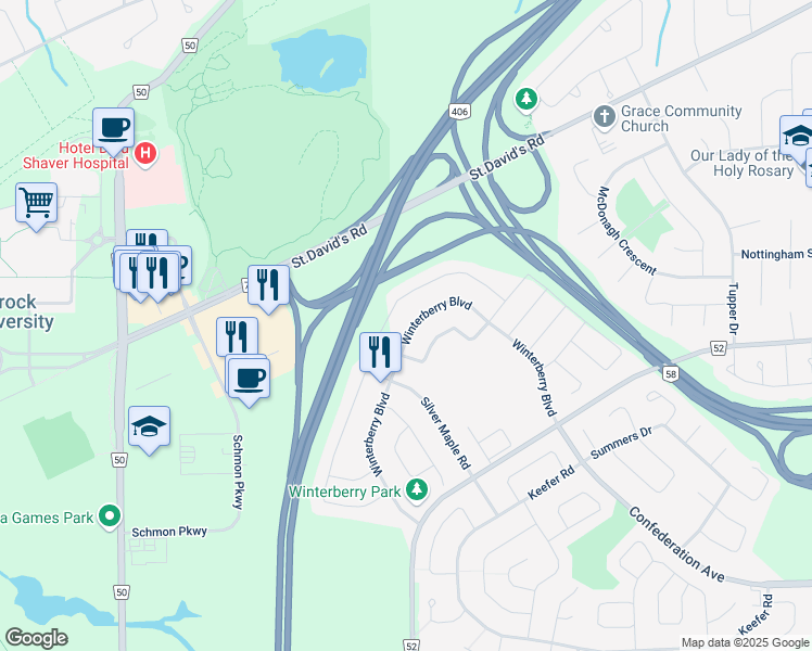 map of restaurants, bars, coffee shops, grocery stores, and more near 167 Winterberry Boulevard in Thorold
