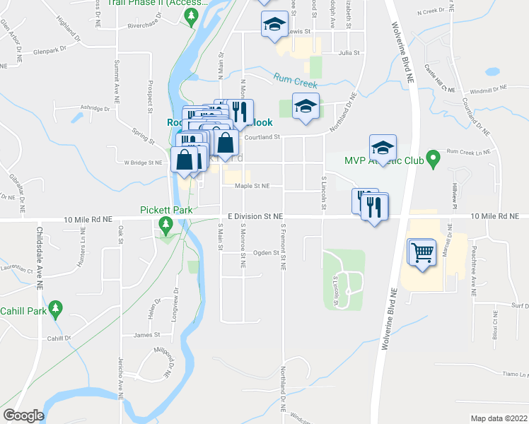 map of restaurants, bars, coffee shops, grocery stores, and more near 165 East Division Street Northeast in Rockford