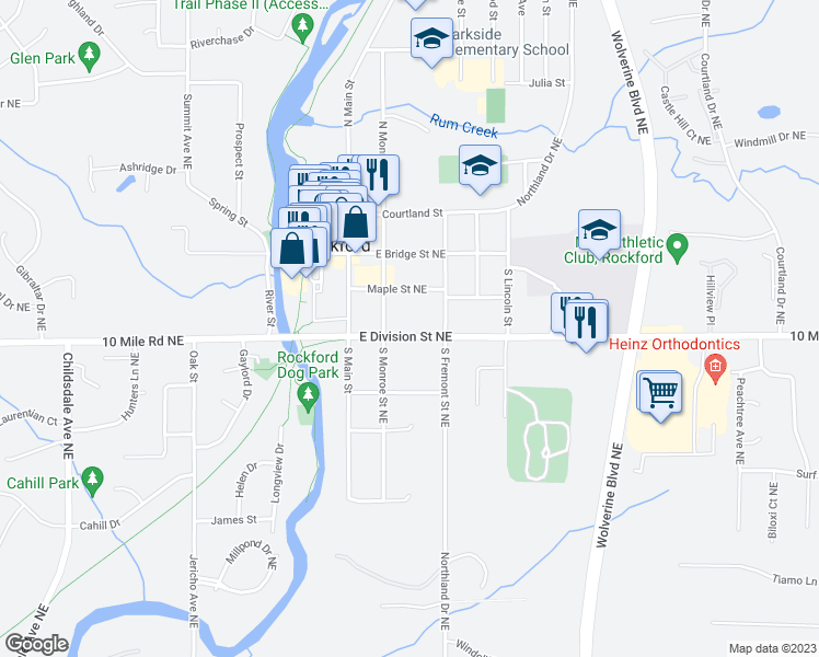 map of restaurants, bars, coffee shops, grocery stores, and more near 159 East Division Street Northeast in Rockford