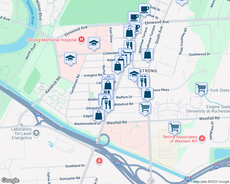 map of restaurants, bars, coffee shops, grocery stores, and more near 1675 Mount Hope Avenue in Rochester