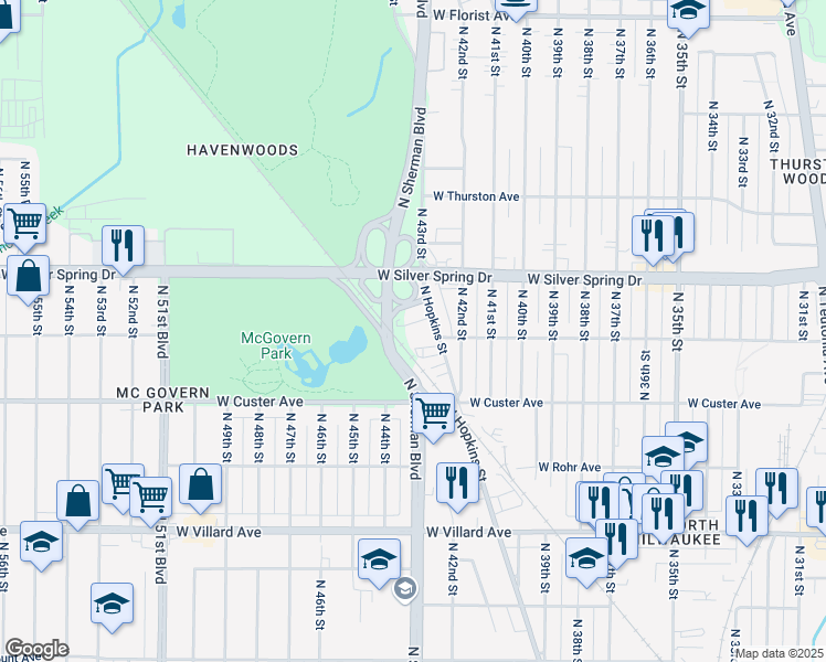 map of restaurants, bars, coffee shops, grocery stores, and more near 5517 North Hopkins Street in Milwaukee