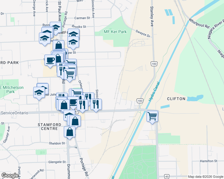 map of restaurants, bars, coffee shops, grocery stores, and more near Orlando Drive in Niagara Falls