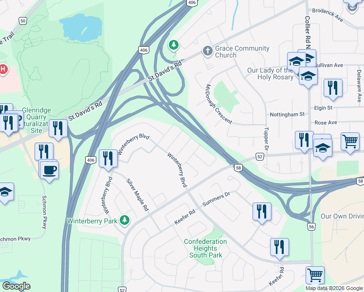 map of restaurants, bars, coffee shops, grocery stores, and more near 11 Fox Grape Road in Thorold