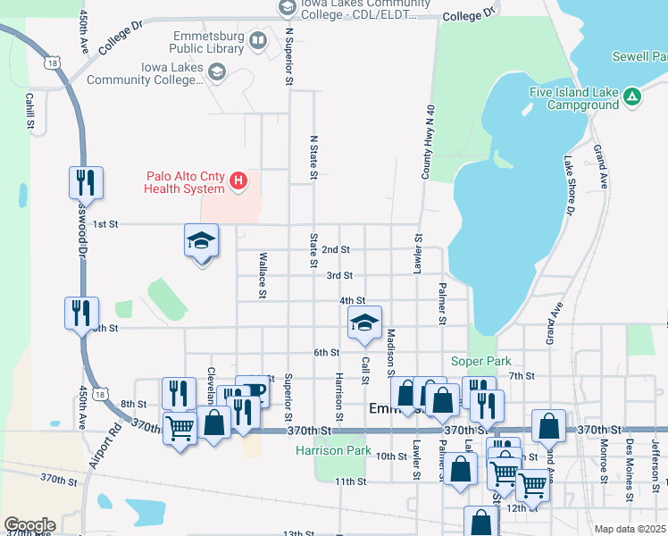 map of restaurants, bars, coffee shops, grocery stores, and more near 2801 3rd Street in Emmetsburg