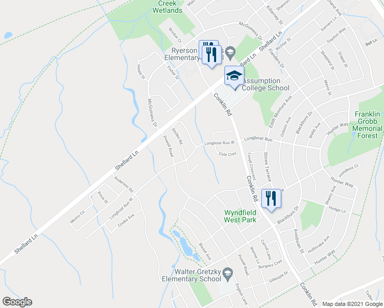 map of restaurants, bars, coffee shops, grocery stores, and more near 45 Longboat Run West in Brantford