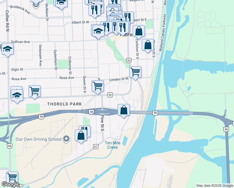 map of restaurants, bars, coffee shops, grocery stores, and more near 44 Cleveland Street in Thorold