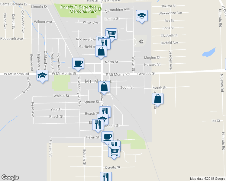 map of restaurants, bars, coffee shops, grocery stores, and more near 11613 Church Street in Mount Morris